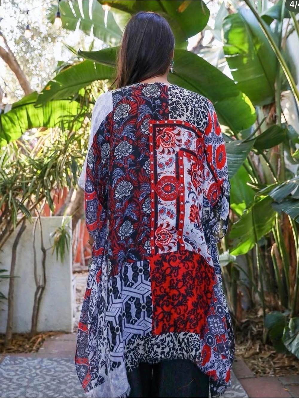 Boho Patchwork Red & Black Women's Kimono Wrap - Picture 2 of 2